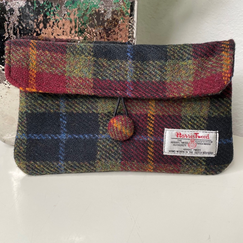 Harris Tweed Wool Plaid Pouch Multicolored‎ Scottish Handwoven Small Clutch Bag